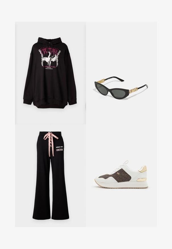 Black oversized hoodie made of soft fabric, featuring a front graphic with pink and white text and illustrations of swans and chains.; Black wide-leg pants made of soft fabric, featuring a pink ribbon tie at the waist and Versace Jeans Couture logo on the front.; White sneakers with brown patterned fabric panel, gold hardware accents, round toe, lace-up design, and textured rubber sole.; Black cat-eye sunglasses with dark lenses, featuring gold geometric accents on the temples and a sleek matte finish.