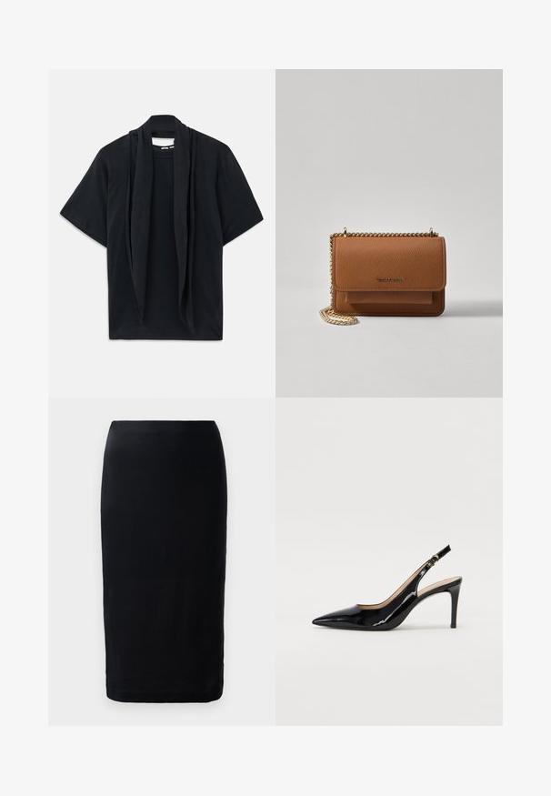 Čierne tričko s krátkym rukávom a voľne drapovaným šálom pri výstrihu. Mäkkučký materiál, voľný strih a uvoľnená silueta.; Čierna ceruzková sukňa vyrobená z hladkej látky, s úzkym strihom, dĺžkou po kolená a jednoduchým lemom bez viditeľných vzorov alebo akcentov.; Čierne lakované kožené slingback lodičky s špicatou špičkou, štíhlým podpätkom a jemným výrezom. Obsahuje zlatú pracku na remienku.; Hnedá textúrovaná kožená taška cez telo s zlatým reťazovým popruhom a preklopným uzáverom. Predná strana obsahuje detail s logom a vrecko pod preklopkou.