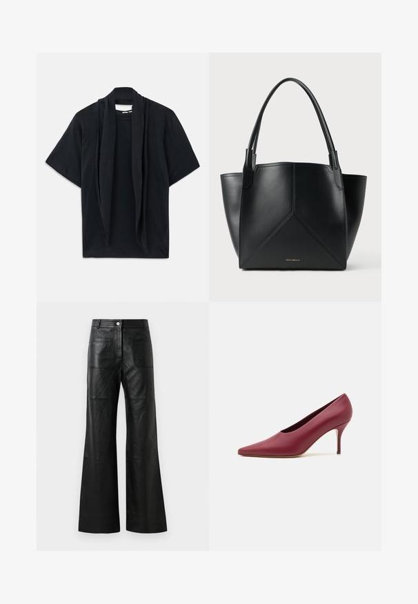 Černé tričko s krátkými rukávy a zavěšeným šátkem u výstřihu. Měkká tkanina, uvolněný střih a volná silueta.; Černé kožené kalhoty se širokými nohavicemi, předními kapsami a knoflíkovým zapínáním. Materiál je hladký s jemným leskem a viditelným prošíváním.; Burgundské kožené lodičky na vysokém podpatku s špičatou špičkou a hladkým povrchem, s úzkým podpatkem pro elegantní siluetu.; Černá kožená taška na rameno s geometrickým designem, vybavená dvěma uchy a zlatým brandingem na přední straně. Hladká textura a strukturovaný tvar.