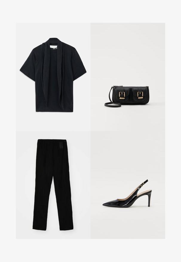 Fekete, rövid ujjú póló, drapált sálrészlettel a nyakvonalnál. Puha anyag, laza fazon és széles siluett.; Fekete, plissézett nadrág könnyű anyagból, rugalmas derékkal és egyenes szárral. Simább textúra, látható minták nélkül.; Fekete lakk bőr kötött magassarkú cipő, hegyes orral és karcsú sarokkal, finom kivágásos dizájnnal. Az övön arany csatt található.; Fekete bőr keresztbody táska két elülső zsebbel, arany csattokkal, cipzáras záródással és vékony pánttal. Textúrált felület és kompakt téglalap alak.
