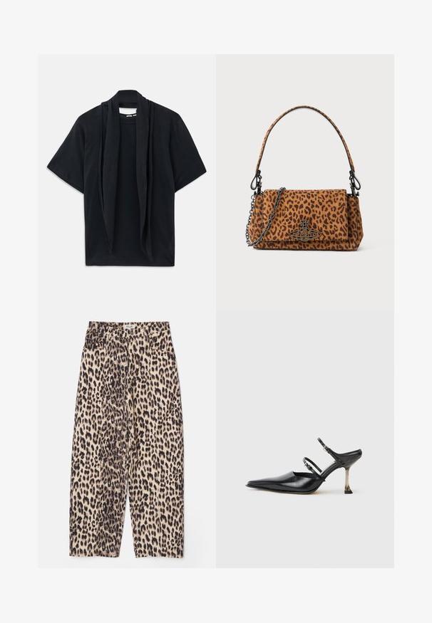Mustaga lühikeste varrukatega T-särk, millel on kaeluses rippuva salliga detail. Pehme kangas, lõdva lõikega ja vabalt langev siluett.; Bež jaaguarimustriga püksid musta värviga, millel on mugav lõige, tekstureeritud kangas ja neli taskut koos vöökohta.; Must musta otsaga slingback kingad kahe reguleeritava rihmaga ja metallist kontsaga. Sujuv tekstuur ja minimalistlik disain.; Leopardimustriga nahkese käekott, mis on valmistatud suede'ist, lühikese käepideme ja ahelahaga. Ristkülikukujuline kuju flapi sulgemisega.