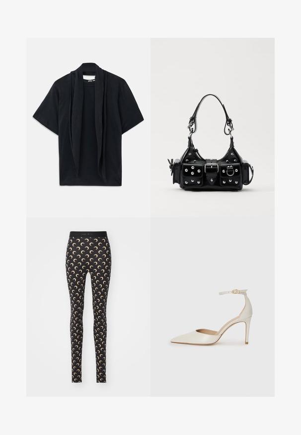 Crna majica s kratkim rukavima s naboranom maramom na izrezu. Mekani materijal, opušteni kroj i široka silueta.; Crne tajice s ponavljajućim uzorkom polumjeseca u svijetloj bež boji. Izrađene su od rastezljivog materijala s elastičnim pojasom.; Bijela kožna visoko potpetica s oštrim vrhom, remenom oko članaka i tankom stiletto potpeticom. Glatka tekstura s blagim sjajnim završetkom.; Crna kožna torba s zakrivljenim dizajnom, koja sadrži srebrne zakovice, kopču i dva bočna džepa. Podesiva traka za različite opcije nošenja.