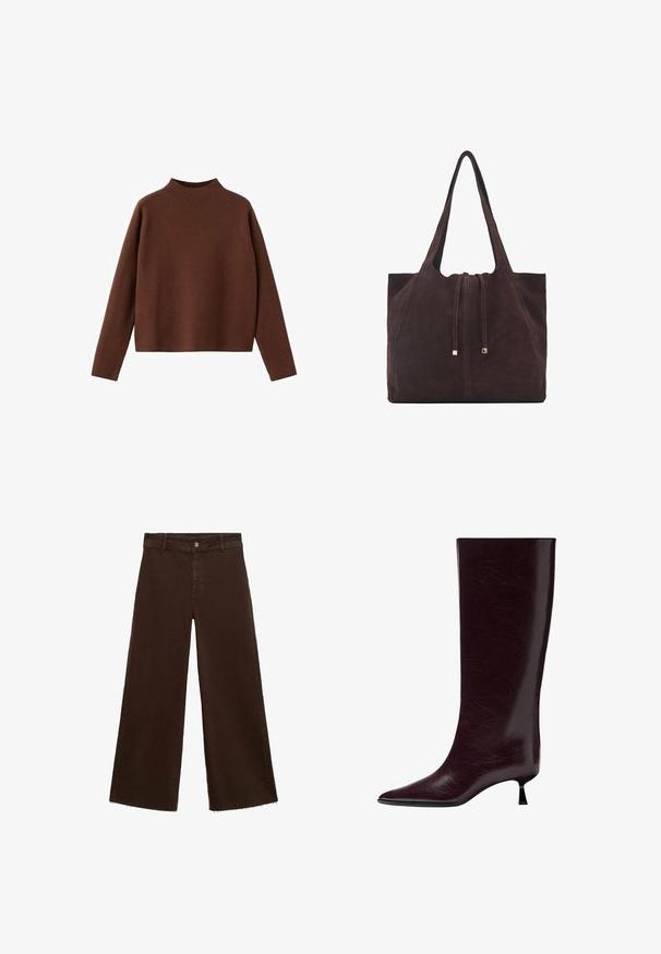 Brauner Pullover mit langen Ärmeln und hohem Kragen. Hergestellt aus einem weichen, strukturierten Stoff. Mit lässiger, boxartiger Form und minimalistischem Design.; Braune, weit geschnittene Hosen aus Baumwollmischung mit fransigem Saum, vorderem Knopfverschluss und klassischem Fünf-Taschen-Design. Minimalistisch und vielseitig.; Knöchelhoher burgunderfarbener Lederstiefel mit einer eleganten, strukturierten Oberfläche, spitzem Zehenbereich und einem dünnen, gestapelten Absatz für zusätzliche Höhe.; Mango Shopping Bag - dark brown