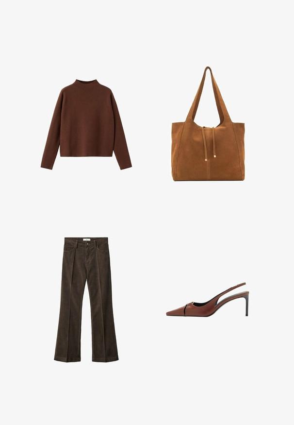 Ruskea, pitkähihainen neule, jossa on korkea kaulus. Valmistettu pehmeästä, tekstuuripintaisesta kankaasta. Ominaisuuksiin kuuluu rento, laatikkomainen muoto ja minimaalinen muotoilu.; Ruskeakuituiset flare-housut, joissa on sileä pinta, viisi taskua, nappisulku ja vyölenkit.; Ruskea nahkainen slingback-korkokenkä, jossa on terävä kärki, leikkaukset vampissa ja tyylikäs stilettokorko. Sujuva pinta.; Ruskea nubuk-olkalaukku, jossa on kaksi pitkää hihnaa, naru- ja minimalinen sulkemismekanismi. Tasainen pinta ja ei näkyviä metalliosia.