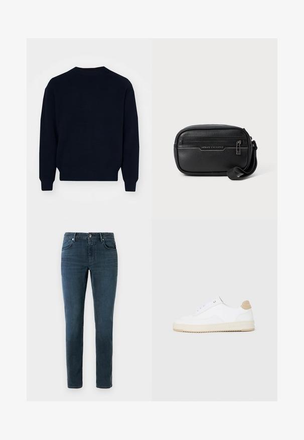 Tamno plavi pulover s rebrastom teksturom, okruglim izrezom i dugim rukavima. Ima ravni rub i minimalistički dizajn bez vidljivih logotipa.; Tamno plave traperice uskog kroja, s pet džepova i dugmadi za zatvaranje. Izrađene od traper tkanine s glatkom teksturom i suptilnim izbljedjivanjem.; Bijele niske tenisice s gornjim dijelom od teksturirane kože, kremasto žljebastim potplatom i smeškim akcentom na peti. Imaju bijele vezice i detalj s logotipom na peti.; Crna kožna torba za preko ramena s patentnim zatvaračem, teksturiranom površinom i srebrnim hardverom. Na prednjoj strani se nalazi logo "Armani Exchange".