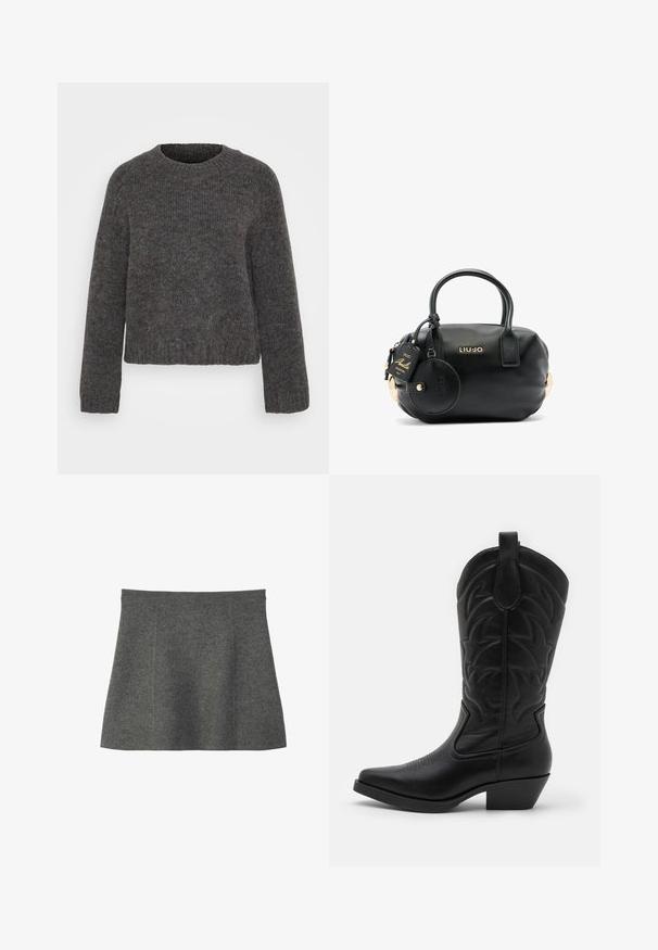Grijze gebreide trui met een ronde halslijn, lange mouwen en geribde manchetten en zoom. De textuur lijkt zacht en de stof is licht gemêleerd.; Donkergrijze, korte A-lijn rok met een gladde textuur en zonder zichtbare patronen of versieringen.; Zwarte cowboylaars met een puntige neus, gestructureerd leer, decoratieve stiksels op de schacht en een lage gestapelde hak.; Zwarte leren handtas met een structuur, afgeronde vorm, korte handvatten, gouden hardware accenten en een bijgevoegde ronde label met het merkimago.