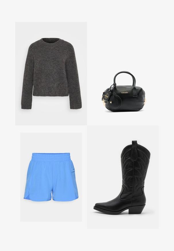 Suéter gris de punto con cuello redondo, mangas largas y puños y dobladillo de canalé. La textura parece suave y la tela tiene un ligero moteado.; Pantalones cortos deportivos de color azul claro con una cinturilla elástica, bolsillos laterales y detalles de costura en contraste. Textura suave con un ajuste relajado.; Bota de cowboy negra con punta afilada, cuero texturizado, costuras decorativas en el tobillo y un tacón bajo y apilado.; Bolso de cuero negro texturizado con forma redondeada, asas cortas, adornos de hardware dorado y una etiqueta circular adjunta con el logotipo de la marca.