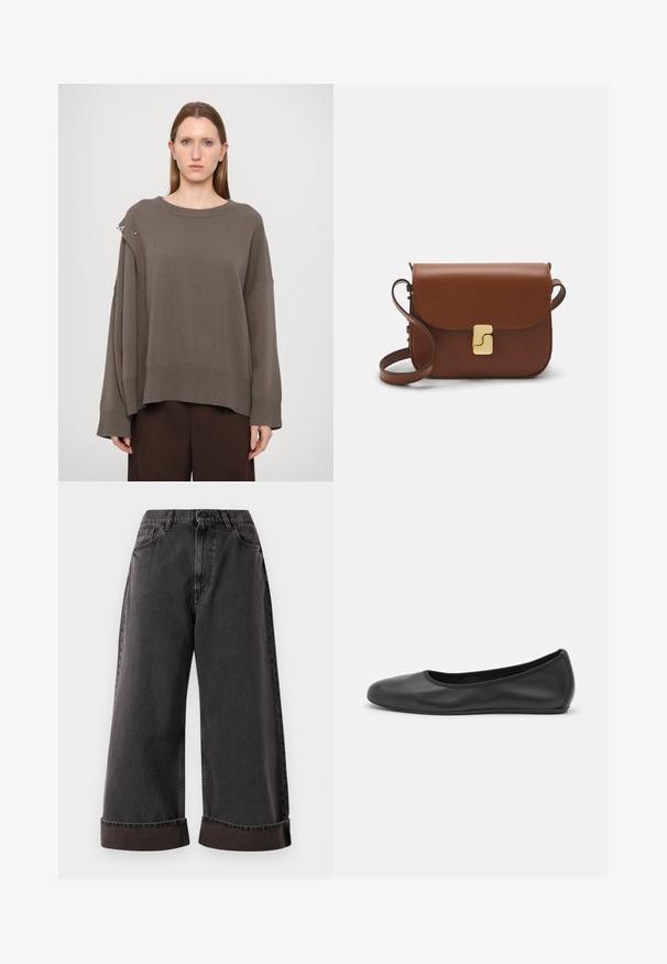 Hnedý oversized sveter s dlhými rukávmi, rebrovanými manžetami, širokým výstrihom a strieborným akcentom na pleci. Mäkká pletená textúra.; Čierne široké džínsy s vyhrnutými manžetami, predným zapínaním na gombík a zips, a bočnými a prednými vreckami.; Čierne kožené baleríny s okrúhlou špičkou, hladkým povrchom, minimálnym prešívaním a flexibilným dizajnom podrážky.; Hnedá kožená kabelka s klopou, zlatými kovovými prvkami, ramenným popruhom a hladkým povrchom. Kompaktný obdĺžnikový tvar.
