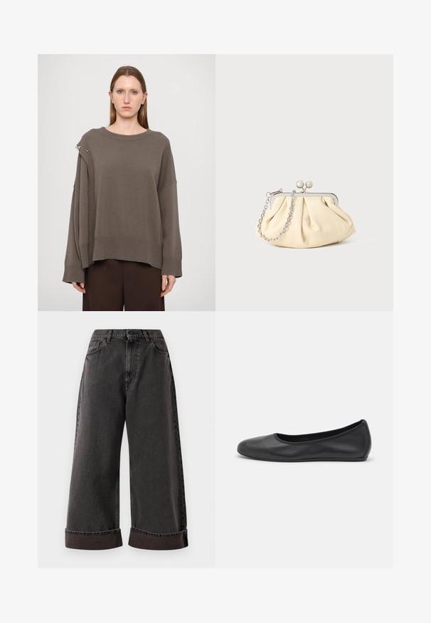 Bruine oversized trui met lange mouwen, geribbelde manchetten, een brede halslijn en een zilveren accent op de schouder. Zachte gebreide textuur.; Zwarte wijde jeans met opgerolde zoom, sluiting met voorste knoop en ritssluiting, en zij- en voorzakken.; Zwarte leren ballerina met een ronde neus, gladde textuur, minimale stikdetails en een flexibele zoolontwerp.; Geplooide beige leren clutch met een zilveren metalen frame, voorzien van twee ronde decoratieve sluitingen en een zilveren kettingriem.