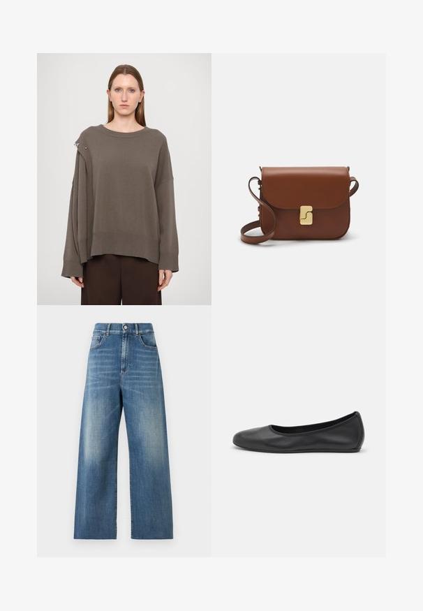 Suéter marrón de gran tamaño con mangas largas, puños acanalados, un cuello amplio y un acento plateado en el hombro. Textura de punto suave.; Jeans de tiro alto y pierna ancha fabricados en denim azul con un acabado desgastado. Incluye bolsillos delanteros y un cierre de botón único.; Bailarina de piel negra con punta redondeada, textura suave, detalle de costura minimalista y diseño de suela flexible.; Bolso de mano de cuero marrón con cierre de solapa, herrajes en tono dorado, correa para el hombro y una textura suave. Forma rectangular compacta.