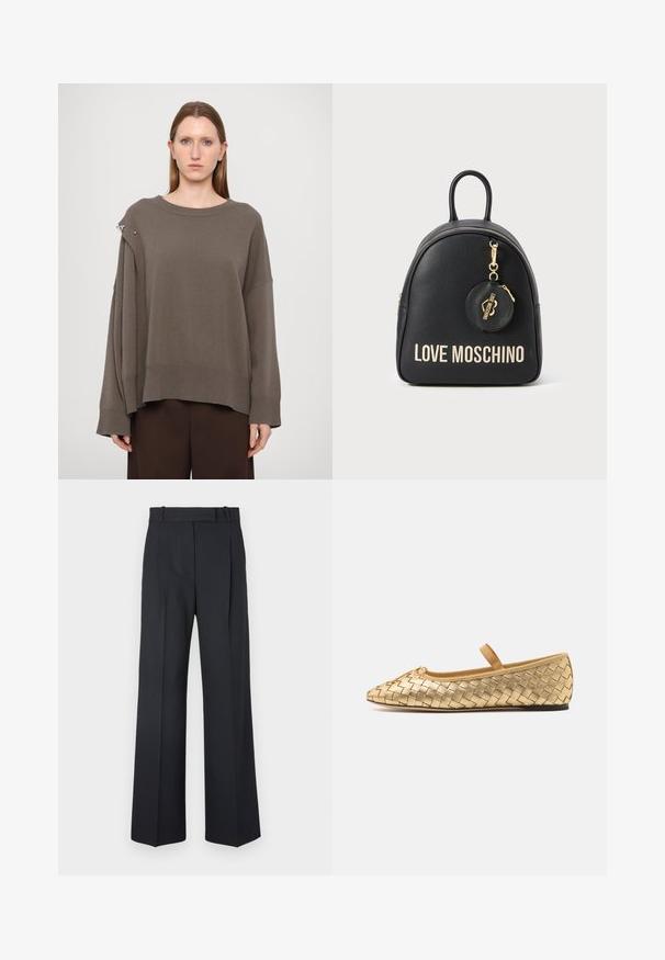 Brauner übergroßer Pullover mit langen Ärmeln, gerippten Bündchen, weitem Halsausschnitt und einem silbernen Akzent an der Schulter. Weicher Strickstoff.; Dunkelblaue Nadelstreifenhosen mit hoher Taille, weit geschnittenem Bein und ohne sichtbare Beschläge oder Verzierungen. Glatte Textur und taillierte Passform.; Loeffler Randall LEONIE SOFT BALLET FLAT - Riemchenballerina - gold; Schwarzer Rucksack mit Textur, obigem Griff, goldener Reißverschluss, runder Münztasche und "LOVE MOSCHINO" in Weiß auf der Vorderseite gestickt.