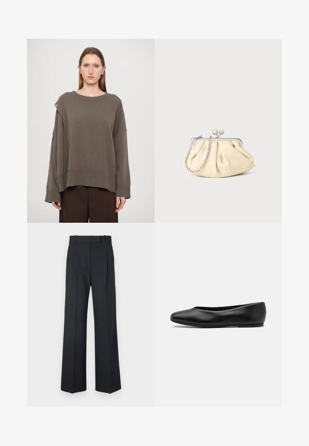 Rjava oversized pulover z dolgimi rokavi, rebrastimi manšetami, širokim izrezom in srebrnim naglasom na rami. Mehak pleten tekstura.; Temno modri hlače s pinstripi, visokim pasom, širokimi nogami in brez vidnih kovinskih delov ali okrasnih elementov. Gladka tekstura in prilagojen kroj.; Paul Smith TOPANGA - Balerinke - black; Zavihani bež usnjeni nahrbtnik s srebrnim kovinskim okvirom, ki ima dve okrogli okrasni zaponki in srebrno verižico.