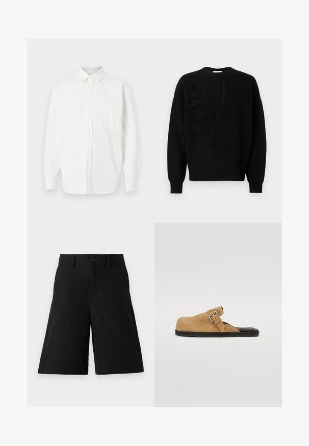 Czarny sweter z dzianiny o żeberkowej teksturze, okrągłym dekolcie i opadłych ramionach, charakteryzujący się długimi rękawami i luźnym krojem.; Biała koszula z guzikami, z kieszonką na piersi, kołnierzykiem, długimi rękawami i gładką strukturą materiału. Prosty i klasyczny design.; Czarne spodenki z mieszanki bawełny, charakteryzujące się prostym krojem, zapięciem na guzik z przodu, bocznymi kieszeniami i gładką teksturą.; Brązowe zamszowe buty wsuwane z czarną płaską podeszwą, z regulowanym paskiem na klamrze i gładkim wykończeniem wnętrza.