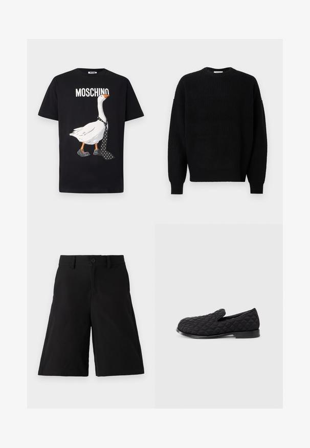 Czarny sweter z dzianiny o żeberkowej teksturze, okrągłym dekolcie i opadłych ramionach, charakteryzujący się długimi rękawami i luźnym krojem.; Czarny t-shirt z grafiką białej gęsi w kropkowanym krawacie i czarnych butach. Nad wzorem nadrukowano napis „Moschino” białymi literami.; Czarne spodenki z mieszanki bawełny, charakteryzujące się prostym krojem, zapięciem na guzik z przodu, bocznymi kieszeniami i gładką teksturą.; Czarne, pikowane buty wsuwane, z teksturowaną cholewką, okrągłym noskiem i płaską czarną podeszwą, z ozdobnym przeszyciem w diamentowy wzór.