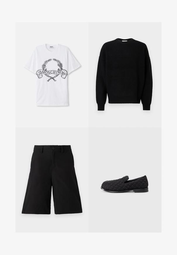 Černý pletený svetr s ribovanou texturou, kulatým výstřihem a spadlými rameny, mající dlouhé rukávy a volný střih.; Bílá bavlněná tričko s černým grafickým designem, na kterém je vavřínový věnec a slovo "MOSCHINO" na stuze uprostřed.; Černé šortky vyrobené z bavlněné tkaniny s přímým střihem, předním zapínáním na knoflík, bočními kapsami a hladkou texturou.; Černé prošívané nazouvací boty s texturovaným svrškem, zaoblenou špičkou a plochou černou podrážkou, na které se nachází prošívání ve tvaru diamantů.