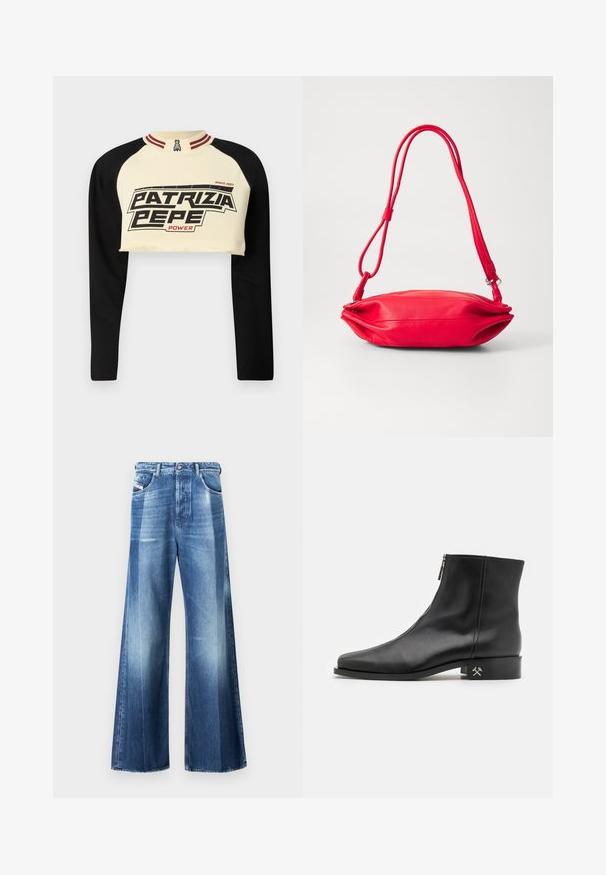 Cropped sweatshirt in cream and black with long sleeves. Features a bold graphic print "PATRIZIA PEPE POWER" and striped collar detail.; Wide-leg blue denim jeans with a faded finish. Features five pockets, a button fly, and contrasting vertical paneling.; Black leather ankle boot with a zip closure, pointed toe, and a block heel featuring a metallic accent on the side. Smooth texture.; Red leather handbag with a slim, rounded shape. Features a single adjustable strap and a smooth texture with subtle stitching details.