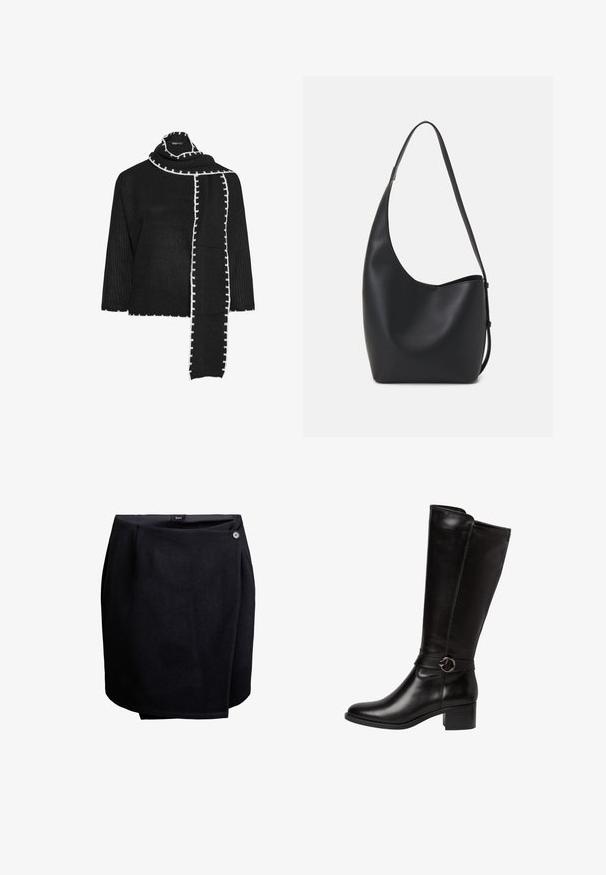 Top nero lavorato a maglia con maniche ampie, caratterizzato da una finitura testurizzata e un bordo decorativo bianco a contrasto lungo il collo e la sciarpa.; Gonna nera a portafoglio con chiusura a un pulsante sul lato, realizzata in tessuto morbido, lunghezza al ginocchio con un leggero dettaglio di sovrapposizione.; Stivale in pelle nera fino al ginocchio con punta arrotondata, una cintura decorativa con fibbia circolare e un tacco basso a blocco. Texture liscia e lucida.; Borsa hobo nera in pelle con una superficie liscia, forma curvata e una singola tracolla regolabile; presenta un'ampia apertura nella parte superiore.