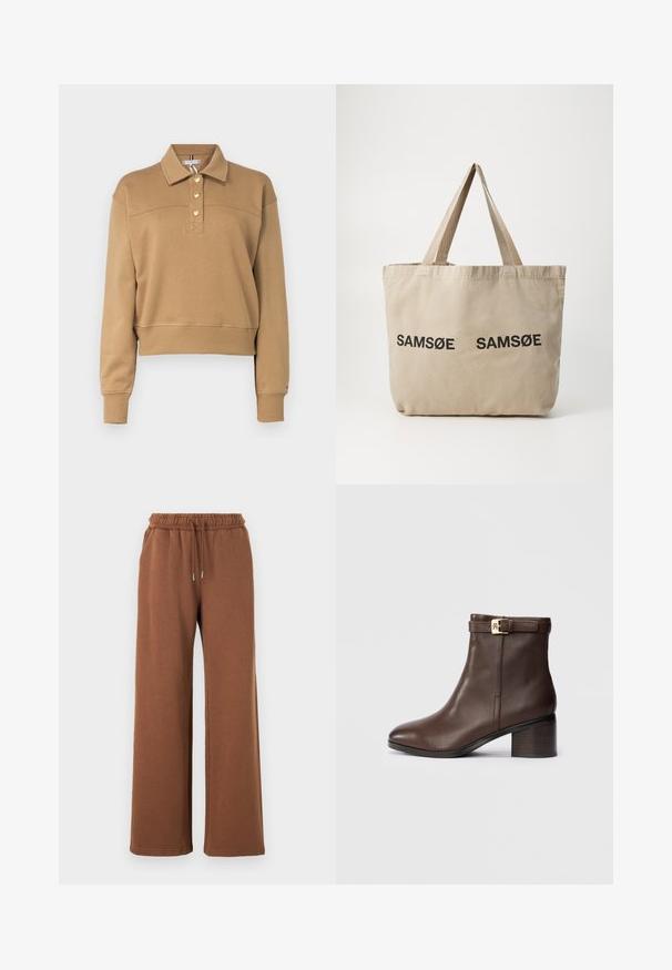Pulover din bumbac maro cu guler, închidere cu patru nasturi, manșete și tiv elastic; prezintă un detaliu cu cusătură orizontală pe piept.; Pantaloni de trening largi, maro, cu talie elastică, șnur și două buzunare laterale; textură de material neted; fără modele vizibile.; Botină din piele maro, cu vârful rotund, toc mic și pătrat, și o curea decorativă cu cataramă la glezna. Textură netedă și design elegant.; Geantă de canavsă bej, cu două logo-uri negre imprimate "SAMØE". Dispune de bretele solide bej și un design simplu, nestrucurat.