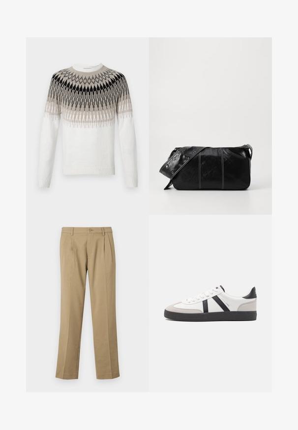 Pull en tricot blanc avec un motif géométrique dans des tons de noir, gris et beige. Il présente un col rond et des poignets et un ourlet côtelés.; Pantalons beiges en tissu lisse, avec deux plis à l'avant, une fermeture à bouton et des jambes droites avec un ourlet net.; Baskets blanches avec des accents noirs et gris, présentant un embout texturé gris, une semelle en caoutchouc noir et des lacets plats blancs. Design épuré, style minimaliste.; Sac à épaule en cuir noir avec une fermeture éclair, doté d'un corps texturé, de coutures blanches et d'une sangle avec des œillets en argent.