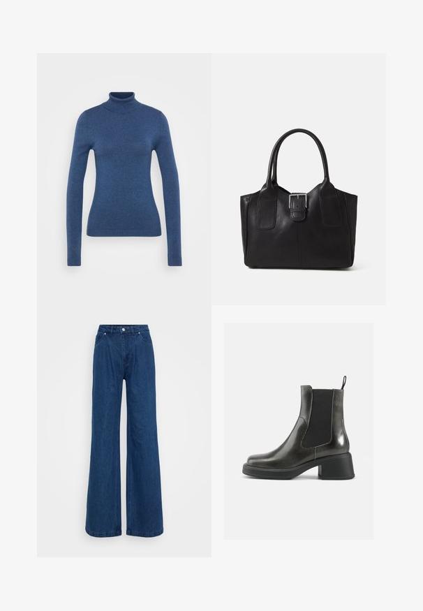 Niebieski sweter z golfem wykonany z miękkiego dzianinowego materiału. Dopasowany krój z długimi rękawami i ściągaczem przy dekolcie oraz u dołu. Gładka faktura.; Niebieskie dżinsy o szerokich nogawkach z wysokim stanem, z przodu na guzik i zamek błyskawiczny, oraz kieszeniami z przodu i z tyłu na jednolitym tle.; Czarne skórzane botki za kostkę o gładkim wykończeniu, z elastycznymi bocznymi panelami i masywnym obcasem. Posiadają pętelkę ułatwiającą zakładanie.; Czarna skórzana torba tote o gładkiej fakturze, usztywnionym kształcie, dwóch uchwytach oraz wyraźnym srebrnym zapięciu na przodzie.