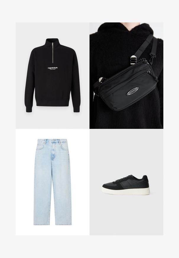 Melna džemperis ar augstu apkakli un puscietu, ar baltu "Original Studio" logotipu priekšā. Mīksta auduma tekstūra.; Gai zilas denimbikses ar platu kāju un augsto jostasvietu, piecas kabatas un pogu aizdari. Gluda tekstūra ar izbalējušu nomazgāšanas apdari.; Melnas zemas tenisa kurpes ar teksturētu ādu un zamša paneļiem, baltu gumijas zoli un melnām šņorēm uz vienkārša gaiša fona.; Melnas neilona pārnēsājamā soma ar regulējamām siksnas, ar gludu tekstūru, priekšējo rāvējslēdzēja kabatu un logotipa akcentu.