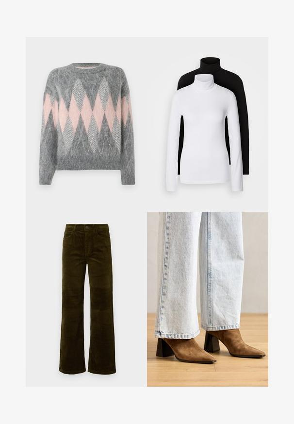 Šedý vlněný svetr s růžovým a světle šedým diamantovým vzorem. Kulatý výstřih a ribbovaná spodní lem. Měkká textura, dlouhé rukávy.; Dvě dlouhé rolákové topy, jeden bílý a jeden černý, vyrobené z hladkého, elastického materiálu, oba s přiléhavým střihem a vysokými límci.; Sametové zvonové kalhoty v tmavě olivově zelené barvě. Mají pět kapes, zapínání na knoflík a vertikální žebrovanou texturu. Standardní střih s klasickým designem.; Hnědé semišové kotníkové boty s špičatou špičkou, blokovým podpatkem a hladkým povrchem, spárované s světle modrými širokými džíny.