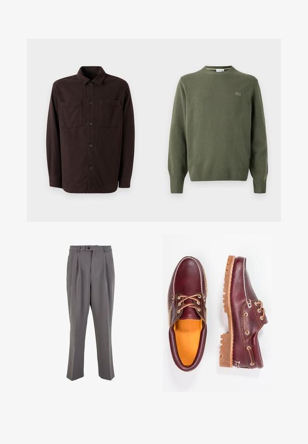 Olivgrön stickad tröja med rund halsringning, ribbade muddarna och nederkant, med en liten broderad logotyp på vänster bröst.; Mörkbrun skjortjacka i mjukt material, med två framfickor, knäppning fram och en klassisk kragsdesign.; Grå plisserade byxor i mjukt tyg, med rak passform, en enkel knappstängning och bälteshällor. Minimalistisk design.; Burgundy läderskor med bruna gummisulor, rund tå, vit söm och gyllene öljetter. Inredningen har en gul foder.