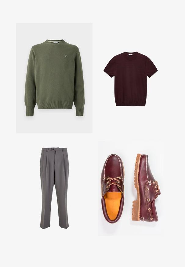 Olijfgroene gebreide trui met een ronde hals, geribde manchetten en zoom, met een klein geborduurd logo op de linkerborst.; Bordeaux korte mouwen gebreide T-shirt van zacht materiaal, met een klassieke ronde halslijn en een nauwsluitende pasvorm aan de zoom.; Grijze geplooide broek van gladde stof, met een rechte snit, een enkele knoopsluiting en riemlussen. Minimalistisch ontwerp.; Bordeaux leren schoenen met bruine rubberen zolen, ronde neus, witte stiksels en gouden veterogen. Het interieur heeft een gele voering.