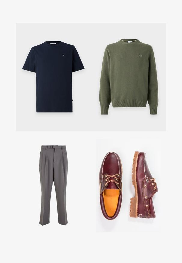 Oliven grønn strikkegenser med rund hals, ribbede mansjetter og hem, med en liten brodert logo på venstre bryst.; Marineblå bomulls t-skjorte med korte ermer, rund hals, subtilt "WW"-logo på brystet, og rett kant. Glatt tekstur, uformell design.; Grå plisserte bukser laget av glatt stoff, med rett snitt, en enkelt knappelukking og beltehemper. Minimalistisk design.; Burgunderrøde lærsko med brune gummisåler, rund tå, hvide syninger og gyldne snørehuller. Indvendig har de en gul foring.
