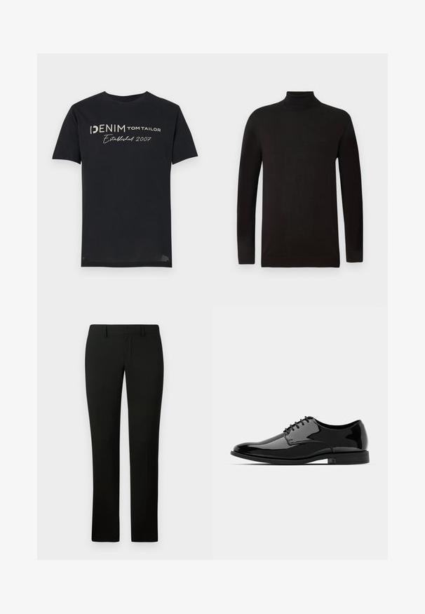 Must turtleneck-sviiter pehmest kudumist. Omab pikki varrukaid ja liibuvat disaini, millel on soonikoes krae ja äär. Minimalistlik brändimine.; Must käisteta t-särk mustast puuvillast, millel on valge ja hall kiri "DENIM TOM TAILOR Established 2007", ümar kaelus ja lühikesed varrukad.; Mustad püksid kohandatud lõikega, sileda tekstuuri ja sirge säärega disainiga. Vöökoht on varustatud vöörihmadega ja puhta viimistlusega.; Mustan läikiva nahast kleitking, millel on ümar varvas, nööridega disain ja sile, läikiv pind. Omab madalat kummitalda.