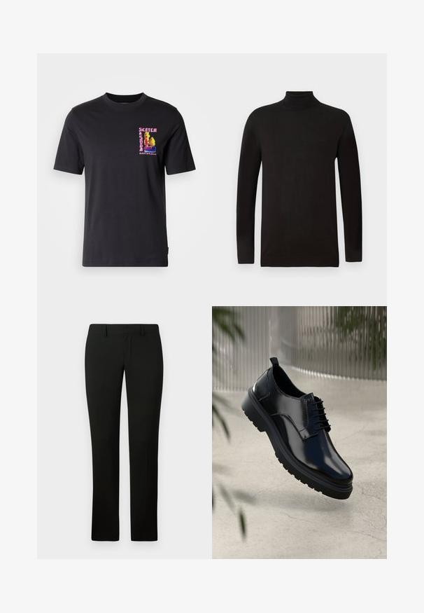 Zwarte coltrui van een zachte brei stof. Heeft lange mouwen en een aansluitend ontwerp met een geribde kraag en zoom. Minimale branding.; Zwart T-shirt met korte mouwen, voorzien van een kleurrijke geborduurde graphic op de linker borst met de tekst "Scotch Amsterdam." Zoete katoen stof.; Zwarte broek met een getailleerde pasvorm, met een gladde textuur en een rechte pijpdesign. De tailleband heeft riemlussen en een nette afwerking.; Zwarte leren schoen met een glanzende afwerking, ronde neus, vetersluiting, contrasterende stiksels en een dikke rubberen zool met profielpatronen.