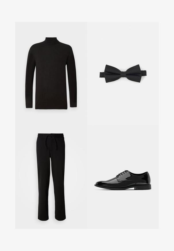 Černý rolák z měkké pleteniny. Má dlouhé rukávy a těsný střih s žebrovaným límcem a lemem. Minimální značení.; Černé tepláky s elastickým pasem na šňůrku, vyrobené z měkké a pružné látky. Mají volný střih se rovnými nohavicemi a bez viditelných kapes.; Černé lakované kožené dress boty s kulatou špičkou, šněrovacím designem a hladkým, lesklým povrchem. Disponují nízkoprofilovou gumovou podrážkou.; Černý motýlek vyrobený z hladké látky se strukturovaným tvarem. Má centrální uzel a nastavitelné elastické poutko pro lepší přizpůsobení.