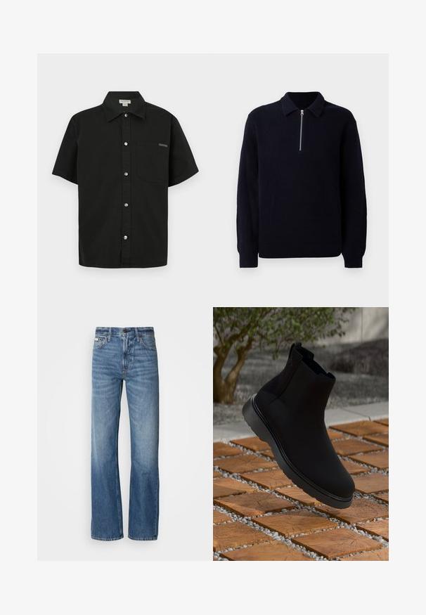 Marineblå ribbestrikket genser med glidelås foran, klassisk krage og lange ermer. Myk tekstur med en avslappet passform.; Svart kortermet skjorte laget av bomull, med knapper foran, enkelt brystlomme og liten logo aksent nær lommen.; Blå denim jeans med rette ben, høy midje og subtil falming. Inkluderer knapp- og glidelås-lukking, samt klassisk fem-lomme-design.; Sorte ankelstøvler laget av glatt materiale med subtile sømmer, gummisåle og et strømlinjeformet design, plassert over en trestrukturert overflate.
