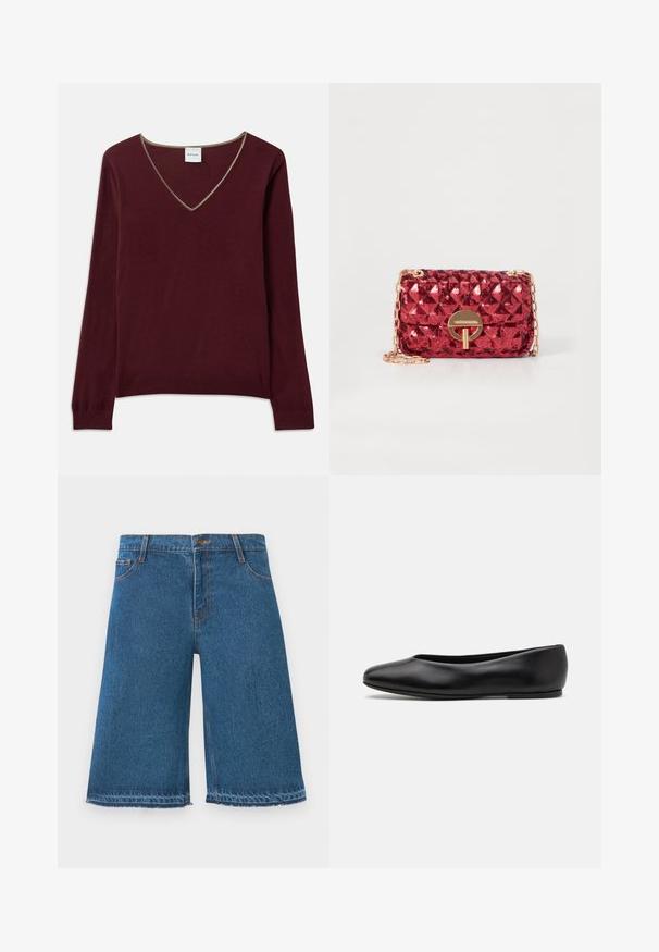 Vyno raudonos megztinis su ilgomis rankovėmis, V formos iškirpte ir kontrastingu apvadu aplink iškirptę. Minkšta tekstūra, įribiakiniai rankogaliai ir apatinė dalis.; Mėlyni džinsiniai šortai iki kelių su plėšytais kraštais, priekinis mygtukas ir kišenės ant vientiso balto fono.; Paul Smith TOPANGA - Balerinos stiliaus laivutės - black; Vanessa Bruno EXCLUSIVE MOON SEQUINS - Rankinė per petį - red
