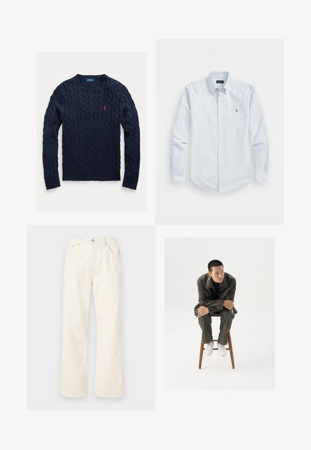 Tengerész kék cable-knit pulóver bordás mandzsettákkal és aljjal. Kicsi piros logó található a mellkason. Texturált kötött anyagból készült. Klasszikus kerek nyakkivágású.; Világoskék csíkozott gombos ing hosszú ujjal, gallérral és egy kis vörös hímzett logóval a mellkason. Pamutanyag.; Tej színű, bő szárú farmernadrág, klasszikus öt zsebes kialakítással és fém gombos derékkal.; Barna bőrkabát széles gallérral, sötétzöld farmernadrággal és fehér sportcipőkkel párosítva. A modell egy fa széken ül.