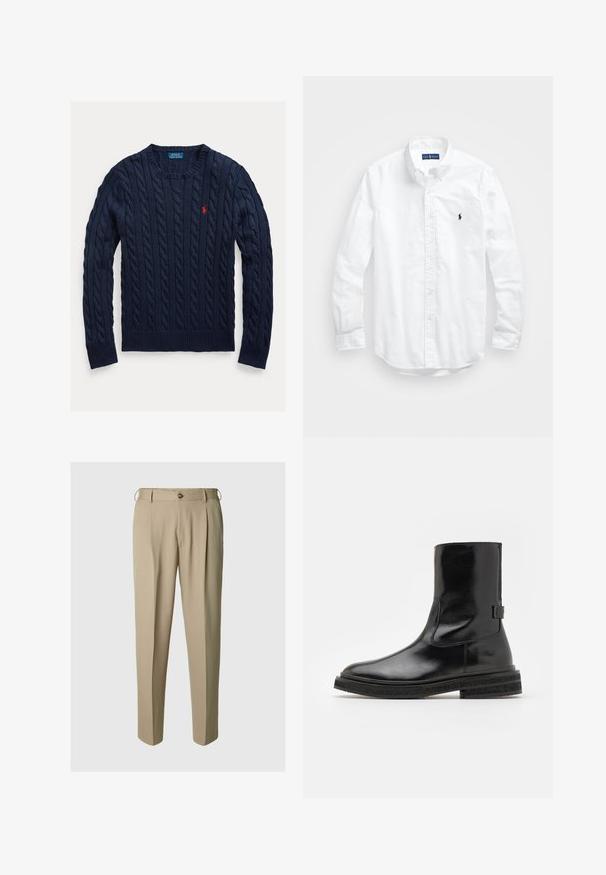 Navy cable-knit sweater with ribbed cuffs and hem. Features a small red logo on the chest. Made of textured knit fabric. Classic crew neck.; White long-sleeve button-up shirt in cotton. Features a classic collar, button cuffs, and a small navy embroidered logo on the chest.; Beige pleated trousers made from a lightweight fabric, featuring a button closure and belt loops, with a relaxed straight-leg design.; AllSaints ESCHER BOOT - Boots - black