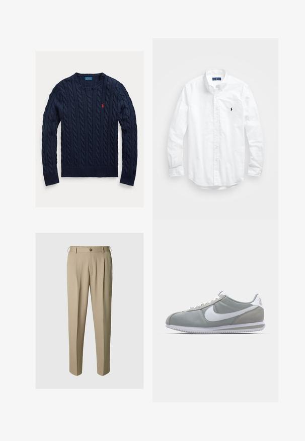 Mornarska pletena jopica z rebrastimi manšetami in robom. Na prsih je majhna rdeča oznaka. Narejena je iz teksturirane pletenine. Klasičen kroj z okroglim izrezom.; Bela dolg rokav srajca s gumbi iz bombaža. Ima klasičen ovratnik, gumbnice na zapestjih in majhen temno moder vezen logotip na prsih.; Bež hlače s plissiranjem, izdelane iz lahkega materiala, z gumbom za zapiranje in zankami za pas, z ohlapnim ravnim krojem.; Sive tenisice za šport z zgornjim delom iz semiša in tekstila, belim Nike swooshom in belimi vezalkami. Imajo strukturirano gumijasto podplat in oblazinjen ovratnik.