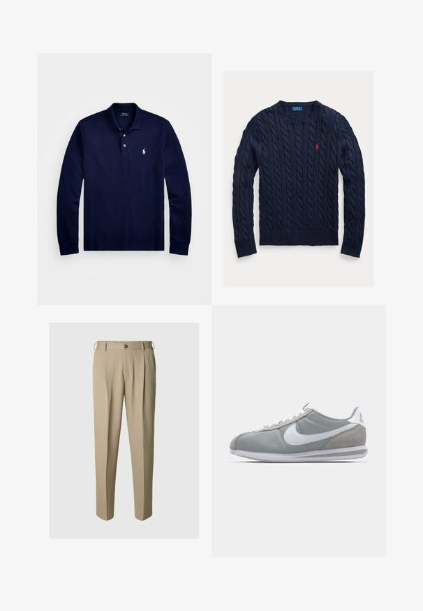 Jūras kara flotes adīts džemperis ar ribotiem piedurknēm un apakšmalu. Uz krūtīm ir neliels sarkans logo. Izgatavots no teksturēta adījuma auduma. Klasiska apaļa kakla izgriezums.; Jūras zila krekla polo ar garām piedurknēm, izgatavota no kokvilnas. Tam ir klasiskā apkakle, divu pogu aizdare un neliels izšūts logo uz krūtīm.; Beigu bikses ar krokām, izgatavotas no viegla auduma, ar pogu aizdari un jostas cilpiņām, relaksētā taisnas kājas dizainā.; Pelēkie sporta apavi ar zamša un tekstila augšu, balto Nike logotipu un baltiem šņorēm. Iezīmējas ar strukturētu gumijas zoli un mīkstu apkaklīti.