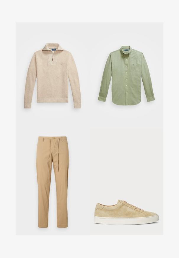Béžový, textúrovaný pulóver so zipsom na golieri. Má rebrované manžety a spodný lem, a malú vyšívanú špediu na hrudi.; Svetlozelená košeľa s dlhým rukávom, zapínaná na gombíky, s vyšívaným logom na hrudi a perlovo lesklými gombíkmi.; Svetlo béžové bavlnené nohavice s opaskom na šnúrku, zúžený strih, štandardné vrecká a gombíkový uzáver na prednej strane. Hladká textúra.; Béžové semišové tenisky s nízkym profilom, okrúhlou špičkou a béžovými šnúrkami. Majú bielu gumovú podrážku a subtílne logo na boku.