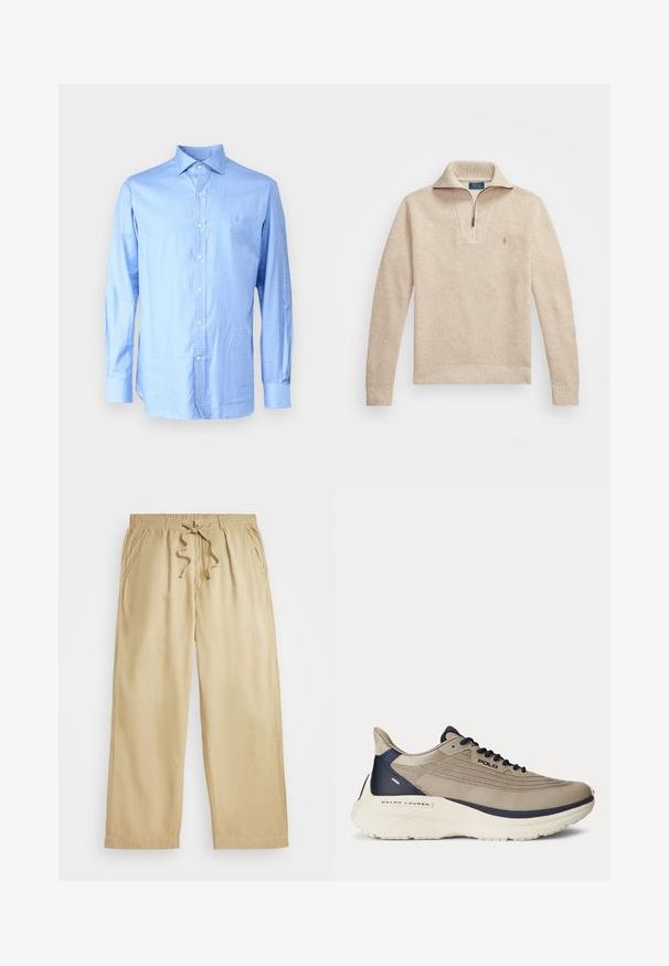 Béžový, textúrovaný pulóver so zipsom na golieri. Má rebrované manžety a spodný lem, a malú vyšívanú špediu na hrudi.; Polo Ralph Lauren LONG SLEEVED  - Košeľa - blue/white; Bežové nohavice na šnúrku s elastickým pásom, širokými nohavicami, dvoma bočnými vreckami a prešitými detailmi na leme. Mäkkučký, ľahký materiál.; Bežová športová obuv s textúrovaným sieťovinovým zvrškom, námorníckymi akcentmi, hrubou bielou podrážkou a zložitými dizajnovými detailmi. Obsahuje šnúrky a logo.