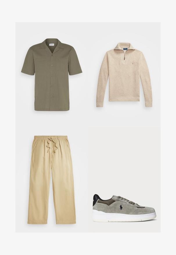 Beige, textúrájú pulóver, cipzáros gallérral. A mandzsetták és az alsó szegély bordáztak, a mellkasán pedig egy kis hímzett logó található.; Olajzöld, rövid ujjú ing, texturált anyagból, gombos záródással, hegyes gallérral és két elülső zsebbel.; Beige zsinóros nadrág, rugalmas derékkal, széles lábakkal, két oldalsó zsebbel és varrott szegéllyel. Puha, könnyű anyag.; Szürke zsuede sportcipő, amely texturált felső résszel, kontrasztos fekete sarokkal, fehér talppal és hímzett logóval rendelkezik. Fűzős kialakítás, hat fűzőlyukkal.