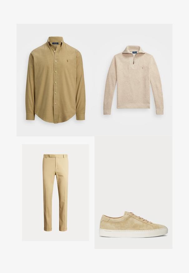 Bežinis, tekstūruotas megztinis su užtrauktuku prie apykaklės. Yra raukšlėtos rankovės ir apatinė dalis, taip pat mažas siuvinėtas logotipas ant krūtinės.; Šviesiai ruda, ilgomis rankovėmis marškiniai su mygtukais ir apykakle, pagaminti iš tekstūruoto audinio. Ant krūtinės yra mažas logotipas.; Kaki chinos, pagaminti iš lygaus medvilnės audinio, turintys prigludusį siluetą, priekinę klostę ir manžetę ties kulkšnimis, siekiant siauresnio vaizdo.; Kreminiai zomšiniai sportbačiai su žemu profiliu, apvaliu pirštu ir kreminėmis raištelėmis. Yra balta guma padanga ir subtilus logotipas šone.