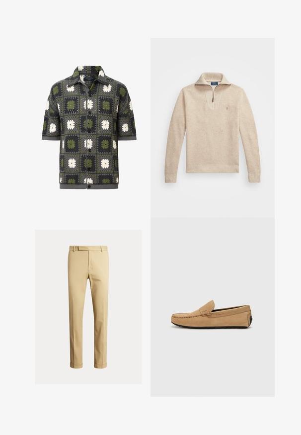 Bežani, teksturirani pulover s patentnim zatvaračem. Sadrži rebraste manžete i donji rub, te mali izvezeni logo na prsima.; Košulja kratkih rukava s gumbima, koja ima patchwork dizajn s kvadratima u zelenoj, sivoj i bijeloj boji s cvjetnim uzorcima, izrađena od teksturirane pletene tkanine.; Kaki chinos izrađeni od glatkog pamučnog materijala, s prilagođenim dizajnom, prednjim nabranama i manžetama na gležnjevima za sužen izgled.; Bež mokasinke od suede s ušivenim prstom, dizajnom za lako obuvanje i crnom gumiranom potplatom. Ima diskretnu oznaku s strane.