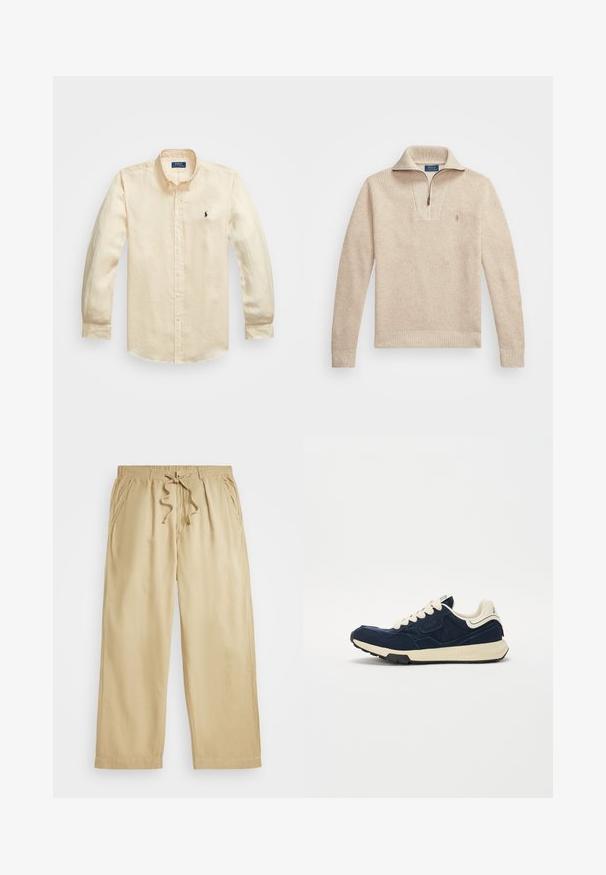 Beige, textúrájú pulóver, cipzáros gallérral. A mandzsetták és az alsó szegély bordáztak, a mellkasán pedig egy kis hímzett logó található.; Hosszú ujjú, világos bézs pamut ing, klasszikus gallérral és egy kis sötétkék logóval a bal mellen.; Beige zsinóros nadrág, rugalmas derékkal, széles lábakkal, két oldalsó zsebbel és varrott szegéllyel. Puha, könnyű anyag.; Sötétkék sneaker texturált velúr felsőrésszel, krémszínű fűzőkkel és bézs középtalppal. Klasszikus sportos dizájnnal és gumitalppal rendelkezik.