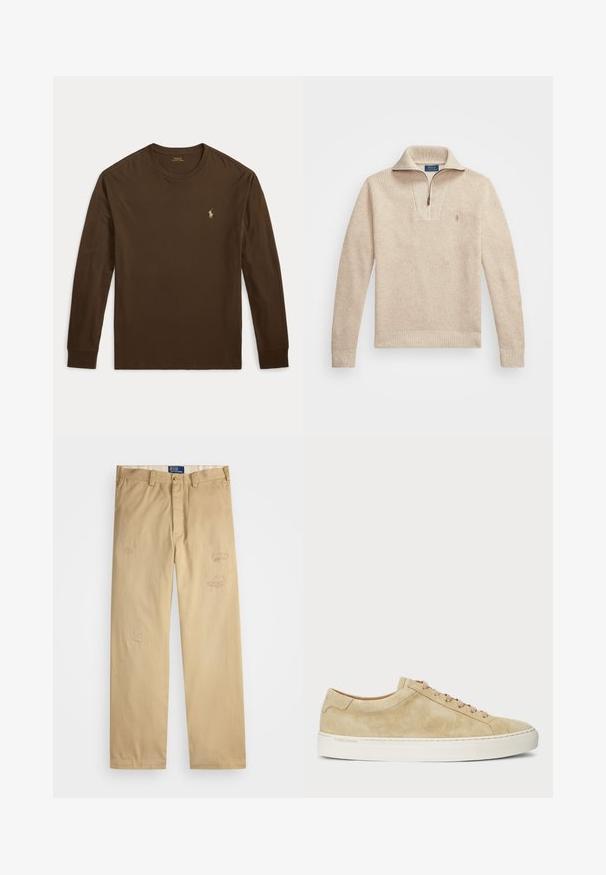 Beige, texturerad pullovertröja med dragkedja vid kragen. Har ribbade ärmslut och nederkant, samt en liten broderad logo på bröstet.; Brun långärmad T-shirt av bomull. Har en rund halsringning och en liten guldfärgad logga på vänster bröst. Slät textur.; Beige bomullbyxor med rak passform. Har slitna lappar och broderade detaljer fram. Klassisk knapp- och dragkedjestängning.; Beiga mockaskor med låg profil, rund tå och beiga snören. Har en vit gummisula och diskret branding på sidan.