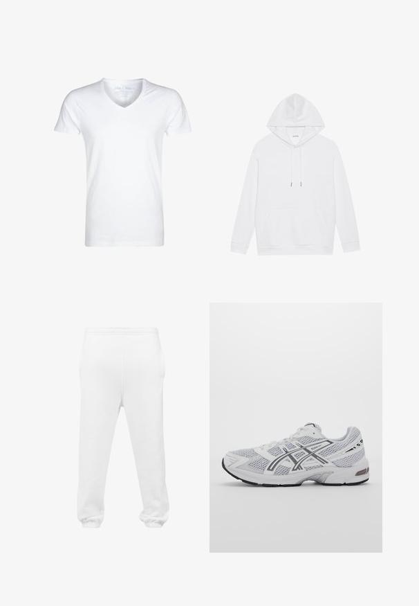 Biała bawełniana bluza z kapturem i sznurkiem do regulacji, kangurza kieszeń, ściągacze przy mankietach i u dołu. Prosty design, miękka tekstura, czysty i minimalistyczny wygląd.; Biała koszulka z dekoltem w serek wykonana z miękkiej bawełny. Krótkie rękawy, luźny krój i minimalne przeszycia. Brak wzorów lub grafik.; Białe dresy wykonane z miękkiego materiału, z elastycznym pasem w talii, bocznymi kieszeniami i elastycznymi mankietami na kostkach.; Białe siateczkowe buty sportowe z szarymi akcentami, us structured design, systemem sznurowania, wyściełanym kołnierzem oraz gumową podeszwą zapewniającą przyczepność.