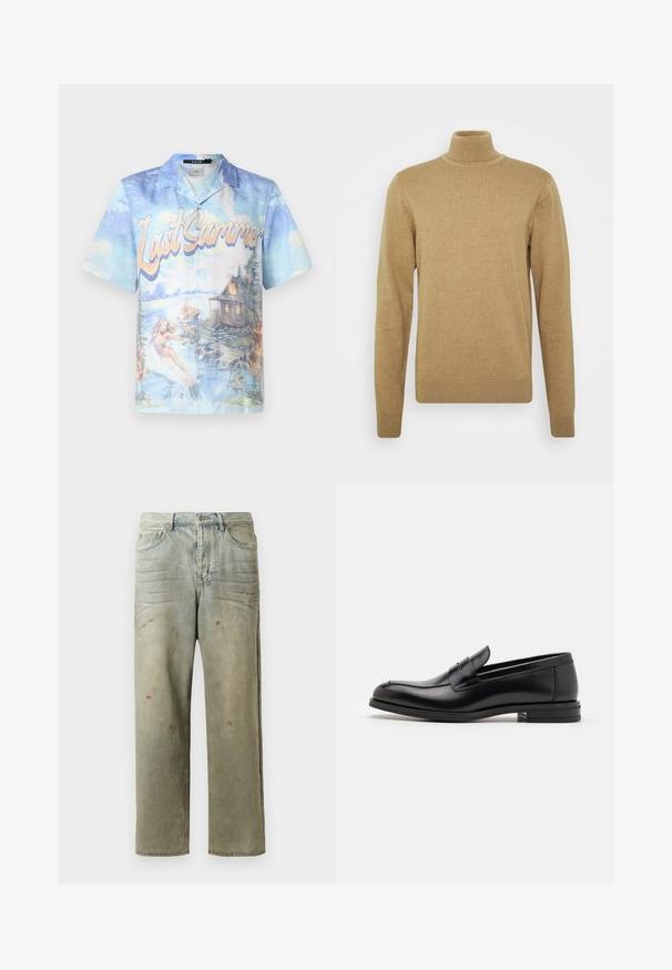 Beige turtleneck sweater made of soft knit fabric. Features long sleeves and a fitted design. Ribbed hem and collar accents.; Short-sleeve button-up shirt featuring a blue and pastel landscape print with "Last Summer" text, depicting water and a cabin.; Distressed denim jeans in light green, featuring a straight leg, five-pocket design, and uneven fading with paint splatters.; Black leather loafers with a smooth texture, rounded toe, and a decorative strap across the vamp. Low stacked heel, minimalist design.