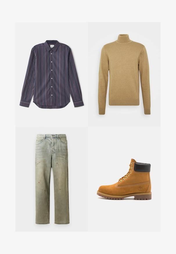 Pulover bej cu guler înalt, fabricat dintr-un material tricotat moale. Dispune de mâneci lungi și un design ajustat. Baza și gulerul ribbate adaugă accente.; Cămașă cu mânecă lungă și dungi, de culoare bleu închis, cu linii verticale de culoare roșie, portocalie și mov. Prezintă un guler cu nasturi și nasturi albi.; Jeans din denim uzat, de culoare verde deschis, cu un croi drept, design cu cinci buzunare, și decolorare inegală cu stropi de vopsea.; Cizmă de gleznă din întoarsă de culoare bej, cu guler negru căptușit, ochiuri din metal auriu, detalii de cusătură albă și talpă din cauciuc robustă, cu un model pronunțat.