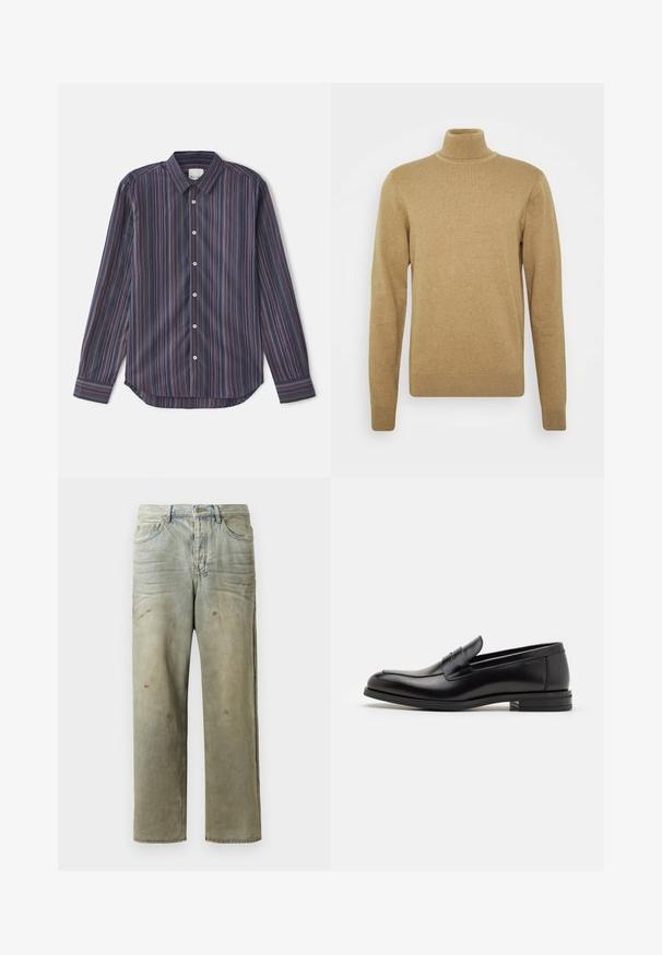 Beige rolák vyrobený z měkké pleteniny. Má dlouhé rukávy a přiléhavý střih. Hlavními prvky jsou vroubkovaný lem a límec.; Pruhovaná košile s dlouhým rukávem v tmavě modré barvě s vertikálními pruhy v červené, oranžové a fialové. Obsahuje límec na knoflíčky a bílé knoflíky.; Odstřižené džíny v světle zelené barvě, se rovnými nohavicemi, pěti kapsami a nerovnoměrným vyblednutím s barevnými skvrnami.; Černé kožené polobotky s hladkou texturou, zaoblenou špičkou a zdobným páskem přes nárt. Nízký stohovaný podpatek, minimalistický design.