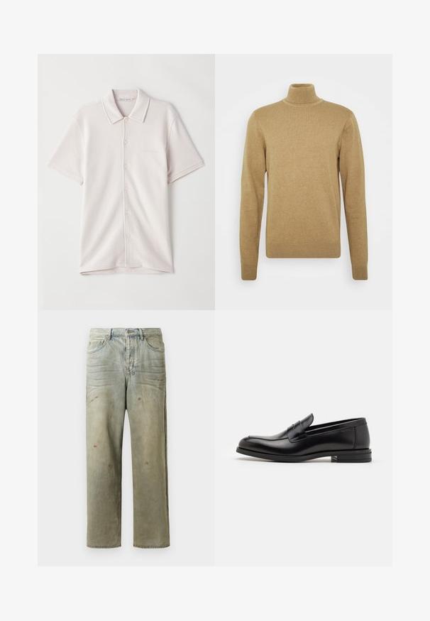Maglione a collo alto beige realizzato in morbido tessuto knit. Presenta maniche lunghe e una vestibilità aderente. Dettagli a coste su orlo e colletto.; Polo a maniche corte, con bottoni, di colore beige chiaro con una texture sottile e etichetta "Tiger of Sweden" all'interno del colletto.; Jeans in denim strappato di colore verde chiaro, con gamba dritta, design a cinque tasche, sbiaditure irregolari e schizzi di vernice.; Mocassini neri in pelle con una texture liscia, punta arrotondata e una striscia decorativa sulla tomaia. Tacco basso impilato, design minimalista.